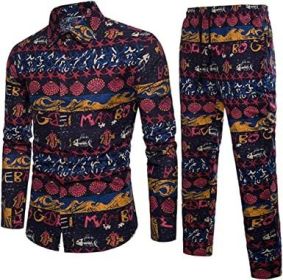 Men's Casual Ethnic Style Two-Piece Sets,Long Sleeve Fashion Cotton and Linen Floral Pattern Tracksuits (size: XXL)
